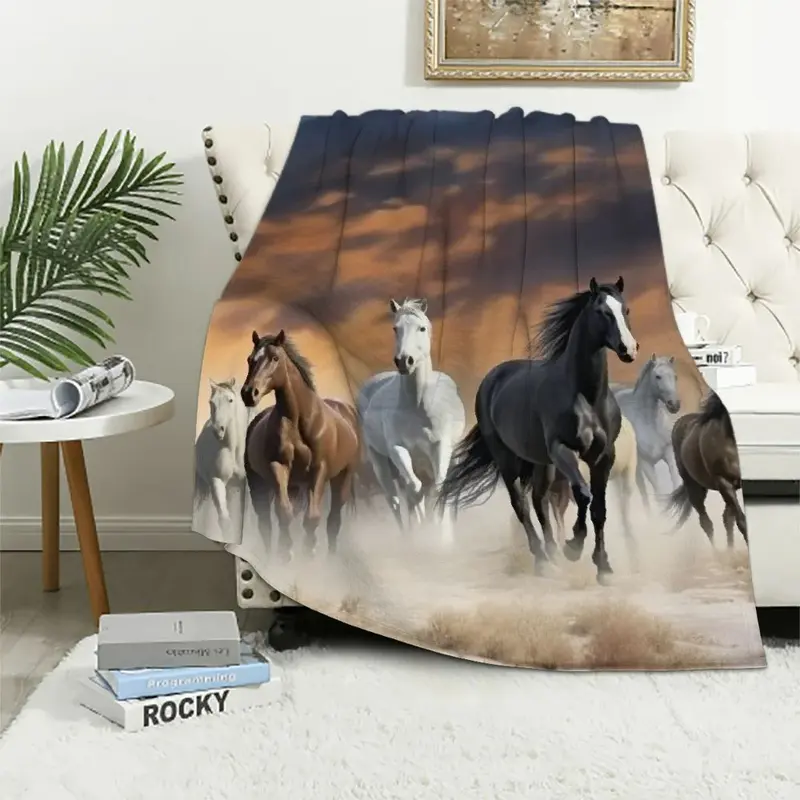 ARISTURING  Wild Horses Blanket Horse Blanket Throw For Boys Men Horses Running At The Beach Print Sherpa Fuzzy Blanket For Couch Bed Throw TV Blanket Horse Lovers Gifts