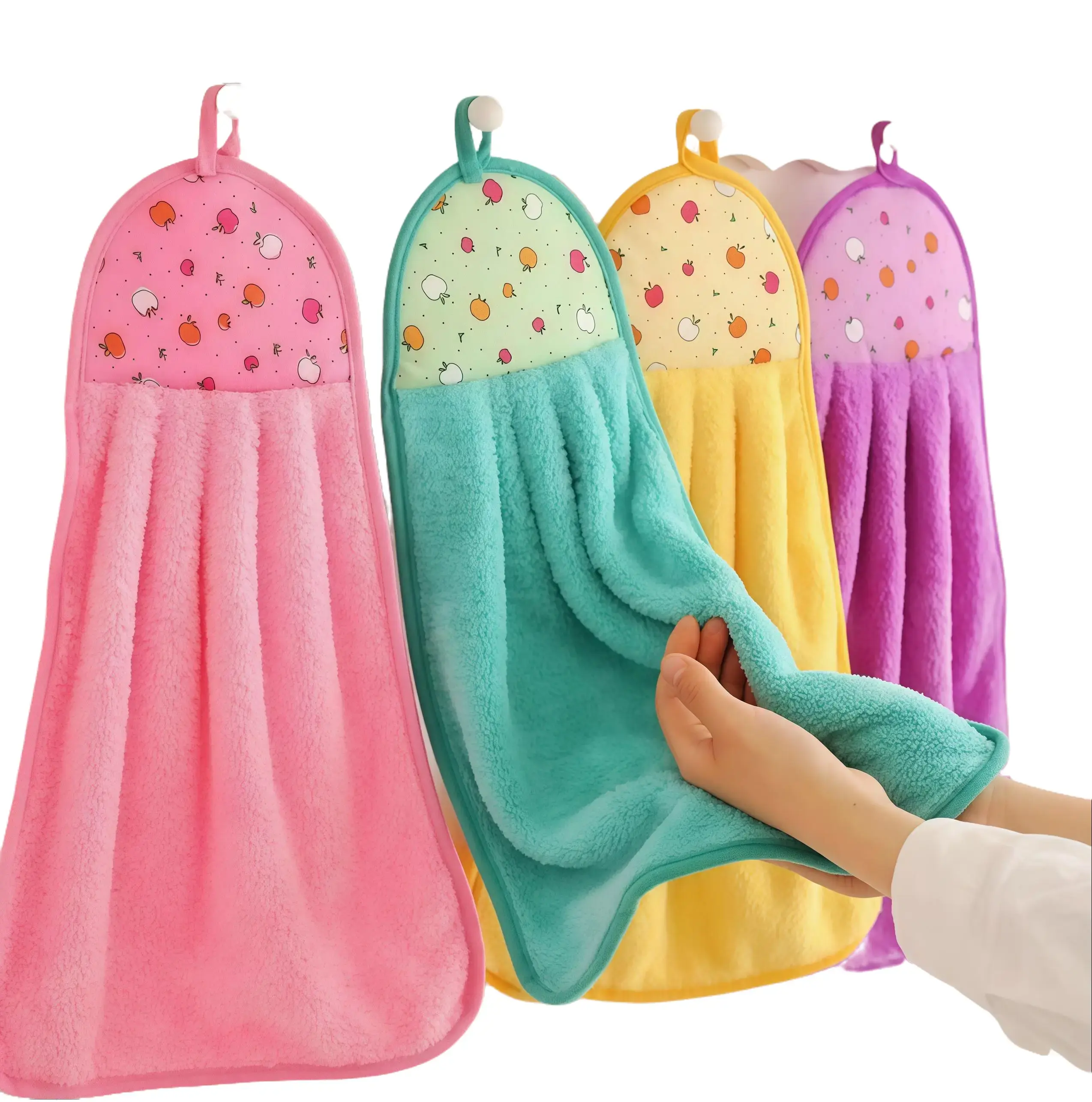 3pcs Coral Fleece Hanging Hand Towels - Super Absorbent, Quick Dry, Cute Fruit Print, Soft Reusable Wipes for Kitchen, Bath