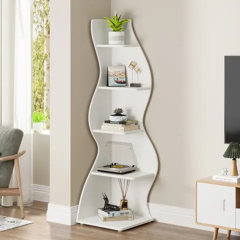 LITTLE TREE Corner Shelf, Modern 5-Tier Wall Corner Bookshelf, Stylish Corner Small Bookcase Storage Rack Plant Stand with Unique Shape for Living Room, Home Office