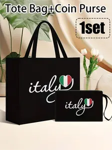 Linen Tote Bag, Including A "MILANO ITALY" Lettering Printing Tote Bag And A Printed Small Bag, Letters, Flowers, Personalized Gift Package, Combination Of Small And Large Bags, Suitable For Weddings, Birthdays, Beaches, Holidays