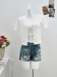 Women's Casual V Neck Short Sleeve Knit Top, Loose Fit Hollow Out Design, Spring Summer Beach Vacation Wear, Random Pattern Back to School fall women clothes autumn Knitwear