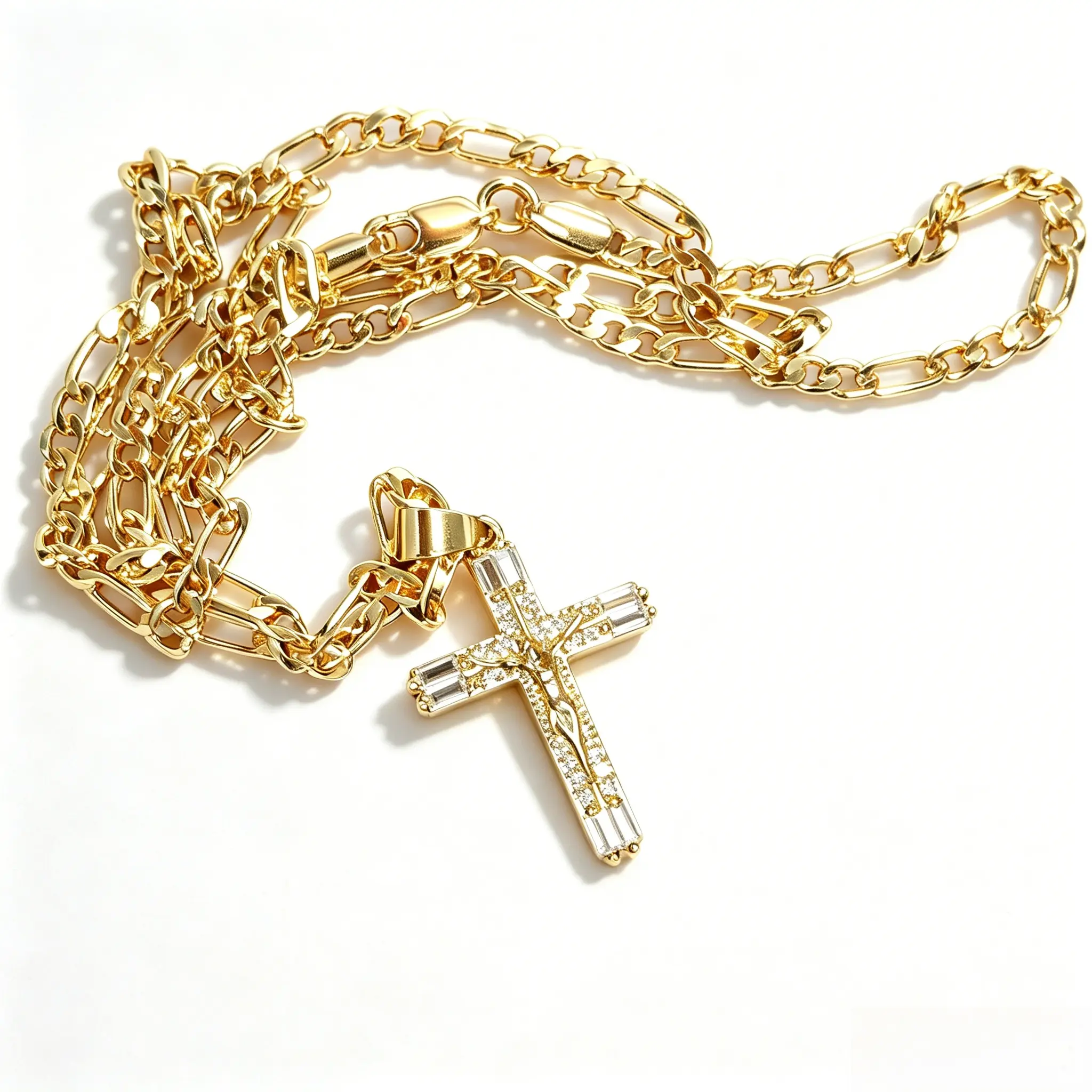 14K Gold Plated Jesus Crucifix Pendant Necklace, 23.62 Inch Copper Figaro Chain (60cm), Cubic Zirconia Inlaid Cross Necklace for Men Women Catholic Religious Jewelry