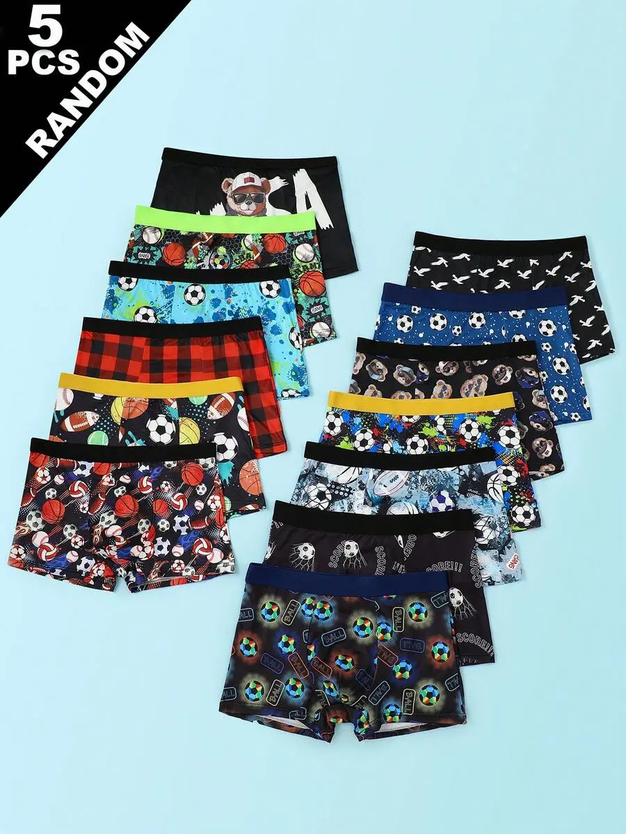 Random 5pcs Teen Boy Football, Rugby, Basketball Print Boxer Briefs