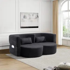 Folding Sofa Bed Floor Sofa Convertible Teddy Bear Fabric Foam Filled Sleeper Futon Double Sofa for Living Room Guest Office Apartment Black W3739P368635