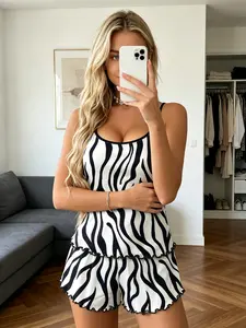 Women's Black & White Zebra Print Pajama Set - White Cami Top & Shorts Loungewear, Ultra Soft Breathable Sleepwear, Bold Animal Print Nightwear, Spaghetti Strap with Contrast Trim, Comfy Two-Piece Home Outfit, Lightweight Fabric, Regular Sizes S-XL