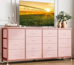 63" W Dresser Tv Stand for 65 70 75 Inch Tv, 14 Drawer for Bedroom with Power Outlets, Large Long Fabric Dresser Entertainment Center,Pink