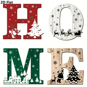 2D Flat Retro Farmhouse Christmas "HOME" Letter Wall Decor - Wooden Letter Signs with Santa, Reindeer & Snowflake Cutouts,  Holiday Decor for Doors, Walls, Easy Peel & Stick or Nail Hanging, Christmas Home Decor, Letter Wall Art, Party Decoration Supplies