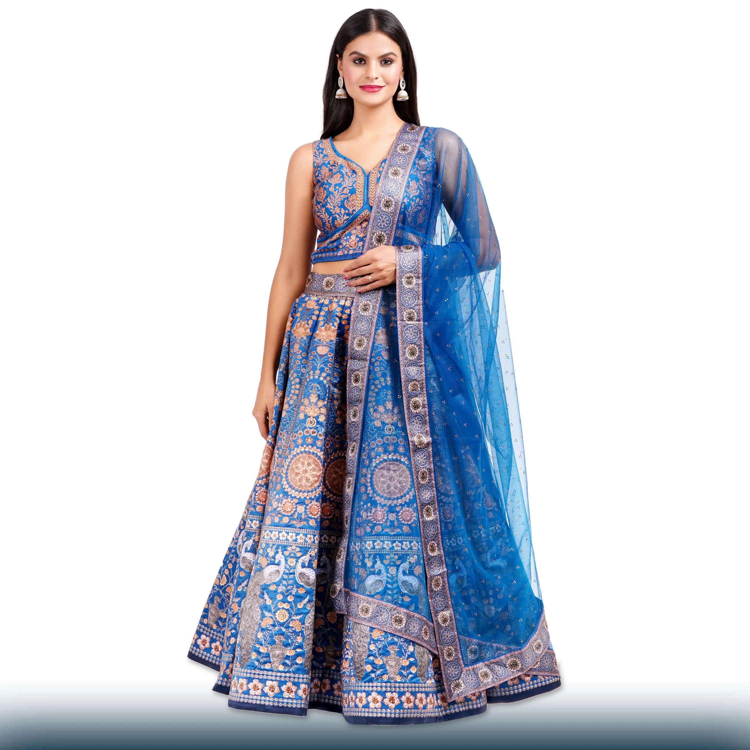 Chiro's By Jigyasa Royal Blue Silk Lehenga with Gold Stone Work