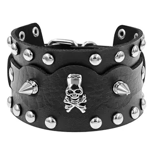 OIDEA Mens Punk Skull Leather Bracelet, Pirate Rivet Studded Cuff Wristband, Adjustable Black Wide Bangle, Halloween Rock Biker Gift