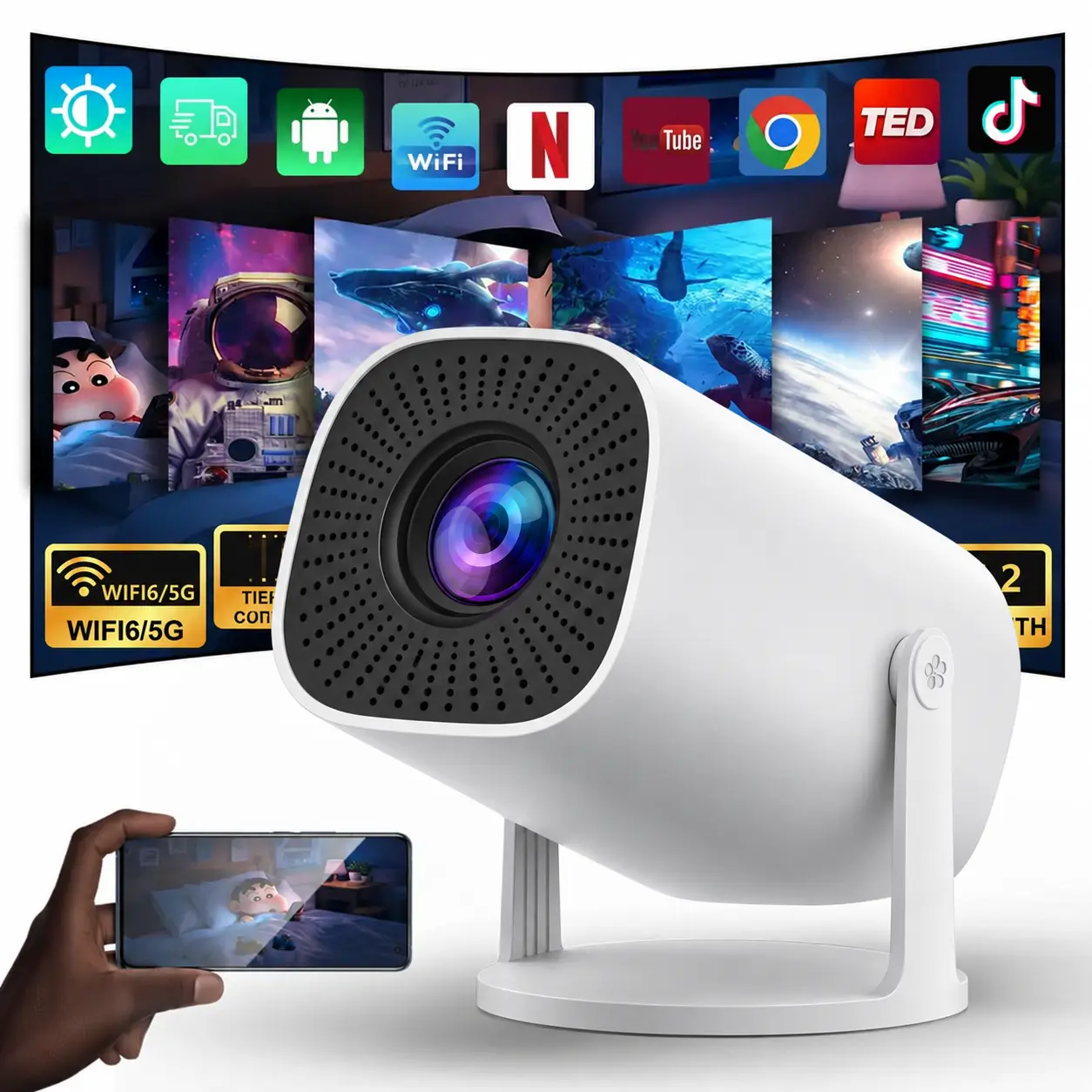 Quality Mini Projector, 350ANSI 720P HD with Auto Keystone, Dual WiFi6, Bluetooth 5.4, Android 14, 4K Decode - Portable Home Theater for Bedroom Movie, Outdoor Gaming - Back to School Deals