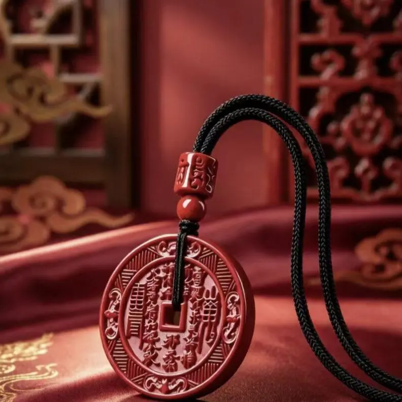 Premium Red Cinnabar Bagua Talisman Necklace - Feng Shui Ancient Coin Pendant for Men & Women, Zodiac Year Protection Amulet