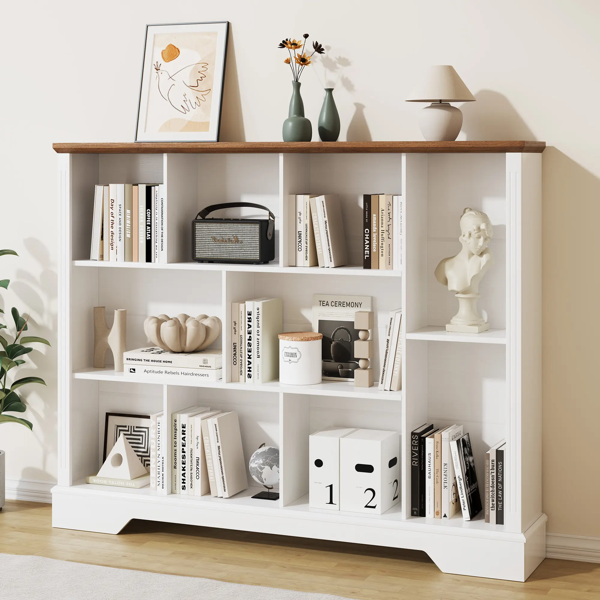 10-Cube Storage Bookcase, Modern 3-Tier Wooden Storage Organizer Open Bookshelf with Base for Living Room, Bedroom, Home Office