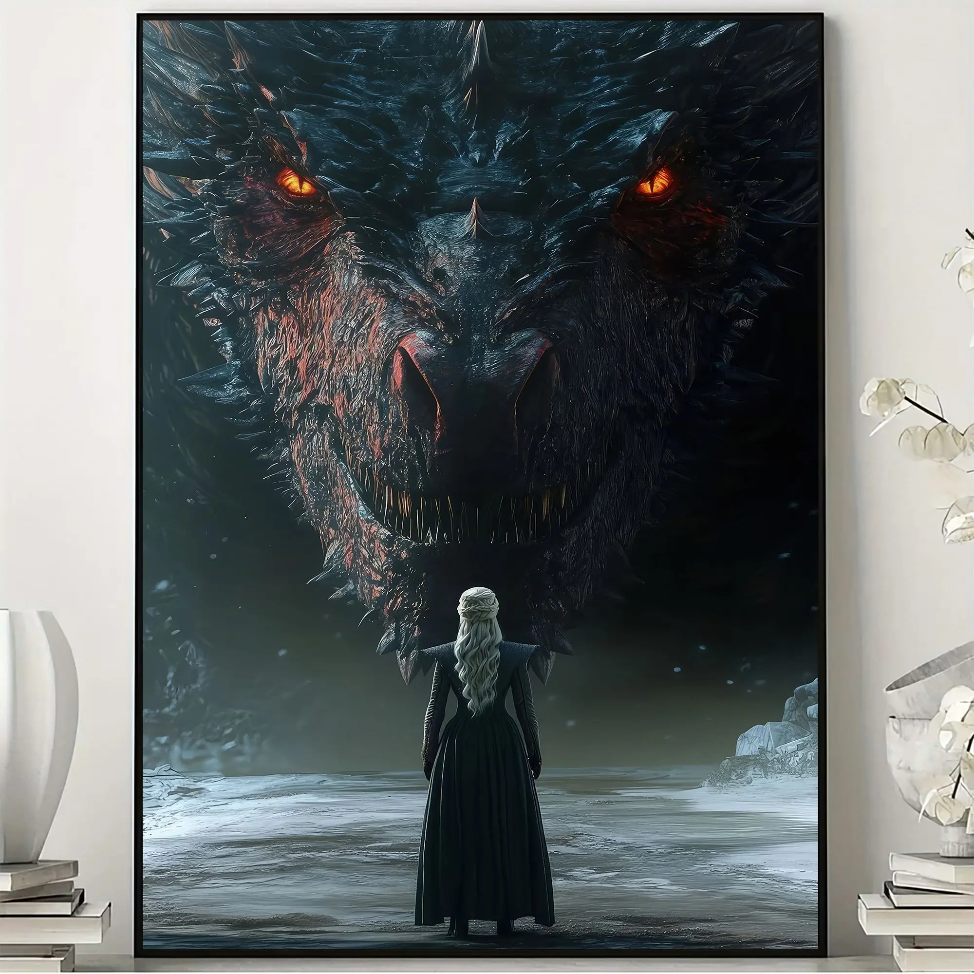 Giant Black Dragon Poster, Dark Fantasy Dragon Face Wall Art, Silver Queen Ice Realm Print, Gothic Fantasy Decor