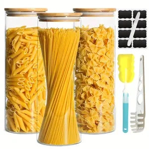 3-Pack Glass Jar with Seal Bamboo Cover, 2200 Ml 74 Oz Wide Mouth Clear Glass Food Storage Container, Glass Kitchen Jar with Label for Coffee Beans, Noodles, Nuts and Other Dry Goods