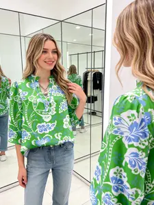 Floral Boho Holiday Top Womens Casual Loose Fit Blouse Green Blue Print Shirt Spring Fall Christmas New Year Valentines Day Outfit
