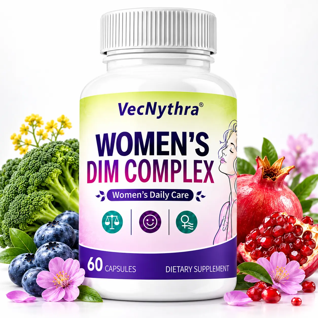 VecNythra Women’s 100mg DIM Dietary Supplement, Prop 65 Safe Health Vitamin Complex with Zinc, Hyaluronic Acid, Pomegranate, Blueberry for Hormone Balance & Skin Support – 60 Capsules