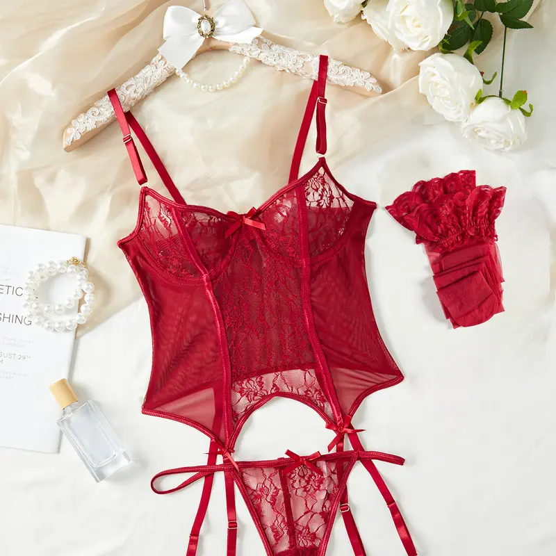 Valentine's Day special edition 4-Piece Lingerie Set Underwire trendy & sexy Floral lace see-through comValentine's Day special editionfy, great gift. Includes basic nightgown. Floral lace mesh lingerie with sleepwear garter belts, queen stocking,sohoc