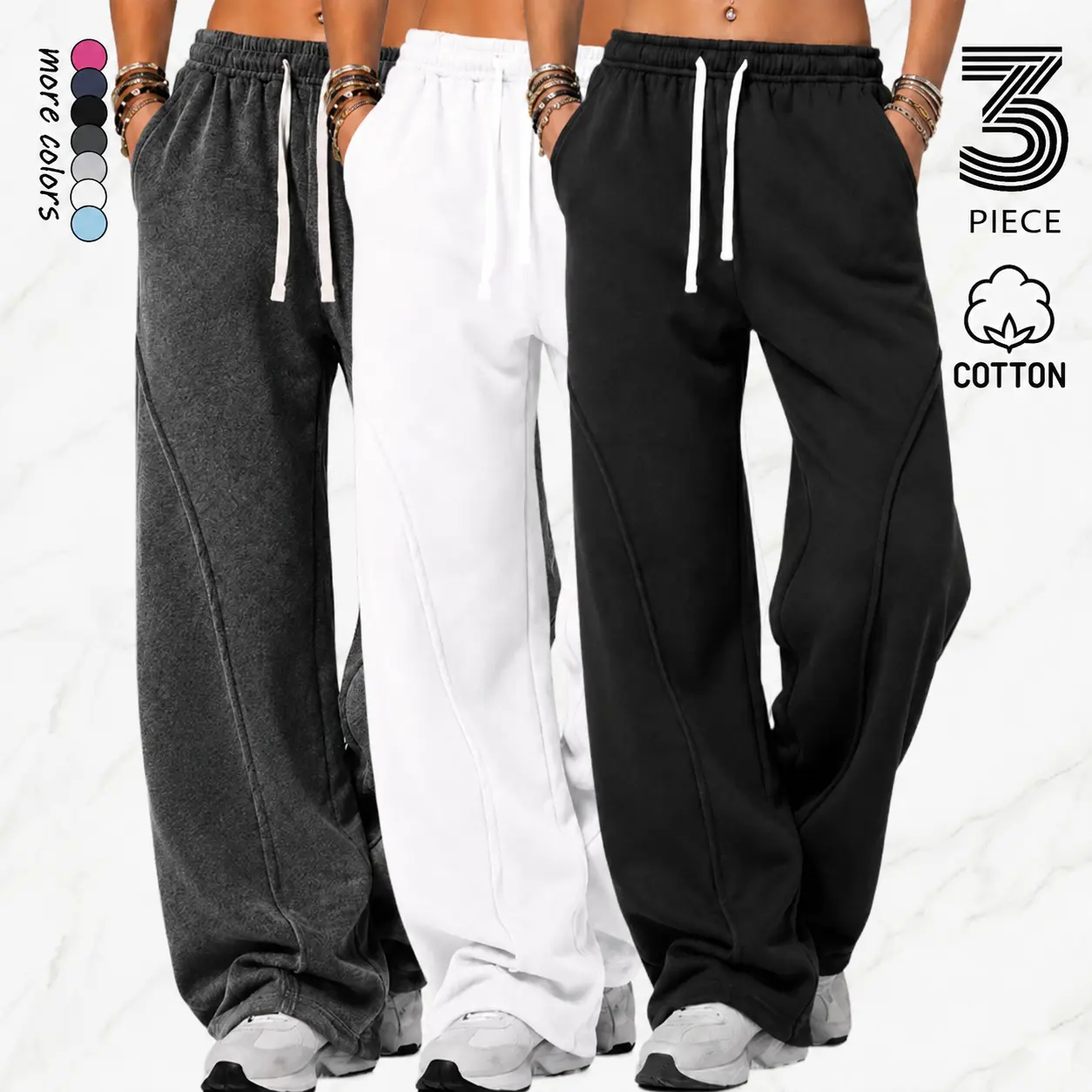 Women's Knit Casual Straight-Leg Athletic Pants - Elastic Waistband with Drawstring, Pockets, Solid Color Soft Cotton Womenswear, Versatile for Fitness, Running, Everyday All-Season Wear.Summervibes