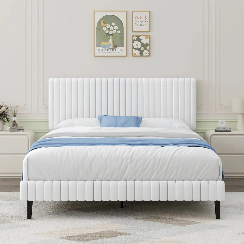 Upholstered Queen Bed Frame with Vertical Channel Tufted Headboard and Footboard, Twin Full Queen King Size Platform Bed, No Box Spring Needed, White Black Pink Green Blue, Queen Size Bed Frame, Fabric Headboard