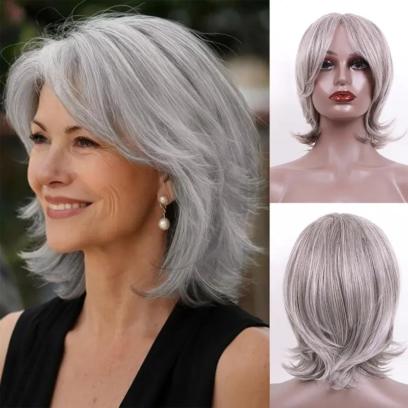 Gray Wigs for Women Grey Silver Medium Length Layered Wig with Curtain Bangs Glueless Natural Looking Mixed Wigs for Thinning Hair Daily and Cosplay(Black Mixed Grey Siler)