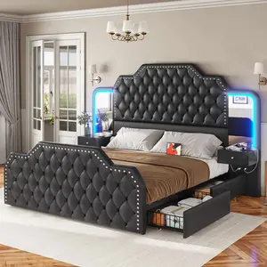 PU Leather Upholstered Led Bed Frame with Storage Drawers Outlets & Nightstands Black Modern Wooden Diamond Tufted Headboard