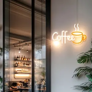 Coffee-Themed LED Neon Sign Light with Coffee Bean & Cup - Wall-Mounted Plug-in for Coffee Shop, Bar, Kitchen, Diner - Single-Color (/) Plastic Decoration, 11.1''*6.73''