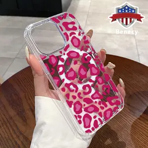 Pink Leopard Print Pattern Magnetic Phone Case for iPhone 15 16 14 Pro Max 13 12 11 XR XS Plus E Non-Yellowing Clear Crystal Drop-proof Slim Silicone Shockproof Transparent Acrylic Large Hole Cover Supports Wireless Charging