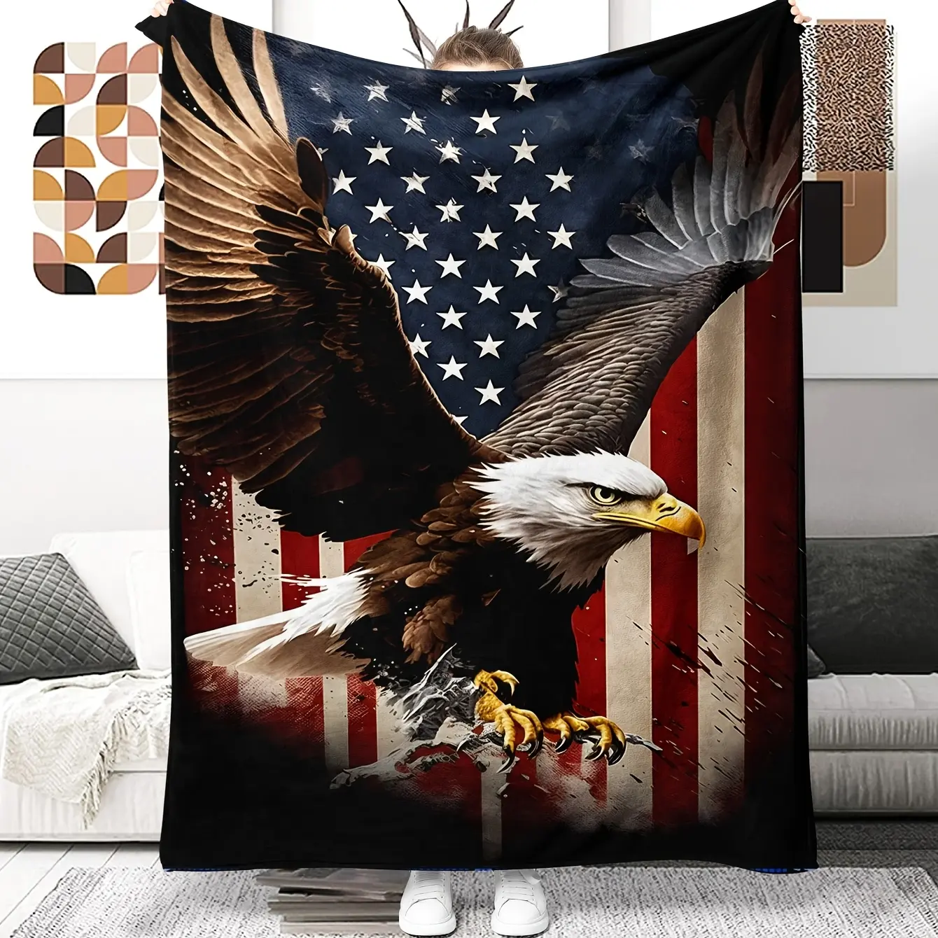 1 Piece Patriotic Eagle American Flag Digital Printed Flannel Throw Blanket Soft Warm Reversible All Seasons Multifunctional Knitted Polyester Ideal for Sofa Office Bed Camping Travel Excellent Holiday Gift