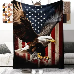 1 piece Patriotic Eagle American Flag Digital Printed Flannel Throw Blanket, Soft and Warm, Reversible, Suitable for All Seasons, Multifunctional, Knitted Polyester, Ideal for Sofa, Office, Bed, Camping, Travel, An Excellent Holiday Gift