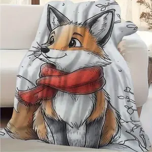 Fox Print Soft Breathable Plush Blanket - 60x80 in, Red Scarf Accent, Winter Themed Design, Ideal for Outdoor Family Travel, Camping,summerwins