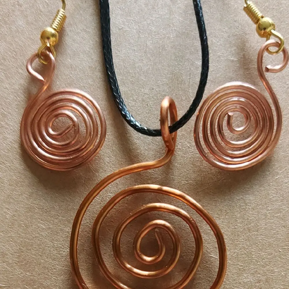Handmade Swirling Pendant and Earrings - Copper Design with Gold, Silver and Copper Accents, and Black Cord Necklace Set