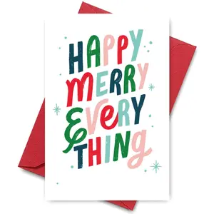 "Happy Merry Every Thing" Christmas Card - Colorful Handwritten Font | Swirling Dots & Stars, Suitable for Non-Traditional Celebrations, Inclusive Holiday