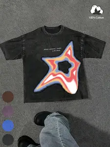 Men's Star Print Wash Denim-effect Short Sleeve Graphic Tee, Regular Fit Streetwear Casual Street Fashion T-shirt for Summer Daily Wear, Men's Clothes, Top, Menswear