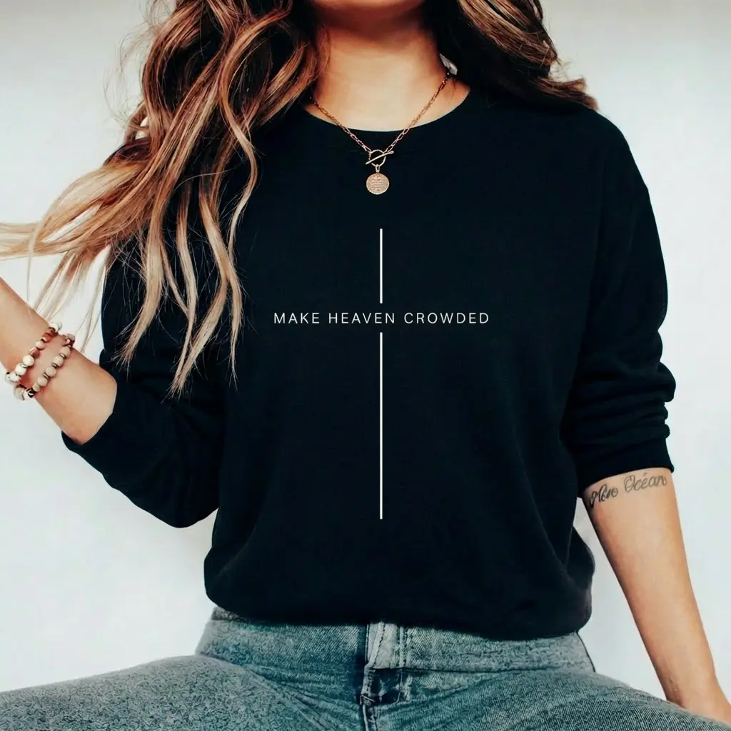 Women's Christian Cotton Sweatshirt - "Make Heaven Crowded" Graphic, Minimalist Cross, Faith-Inspired, Casual Oversized Long Sleeve Crewneck Top