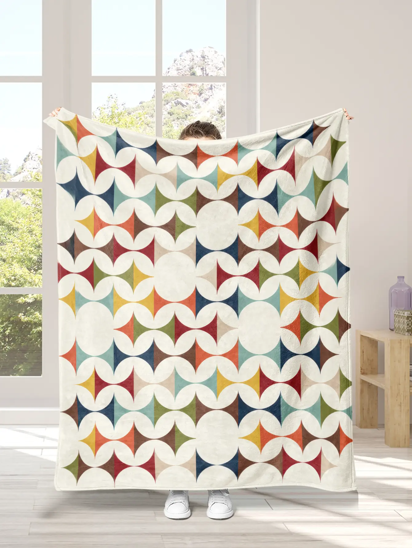 Mid Century Modern Sherpa Fleece Blanket, MCM Geometric Throw in Cream, Teal, Mustard, and Rust