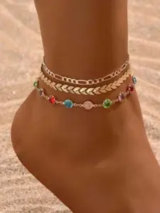 Three-Piece Set New Style Boho Chic Crystal Unique Foot Jewelry, Colorful Heart Crystal Chain Braided Layered Anklets, Trendy Beachwear Accessories, Stackable Anklet