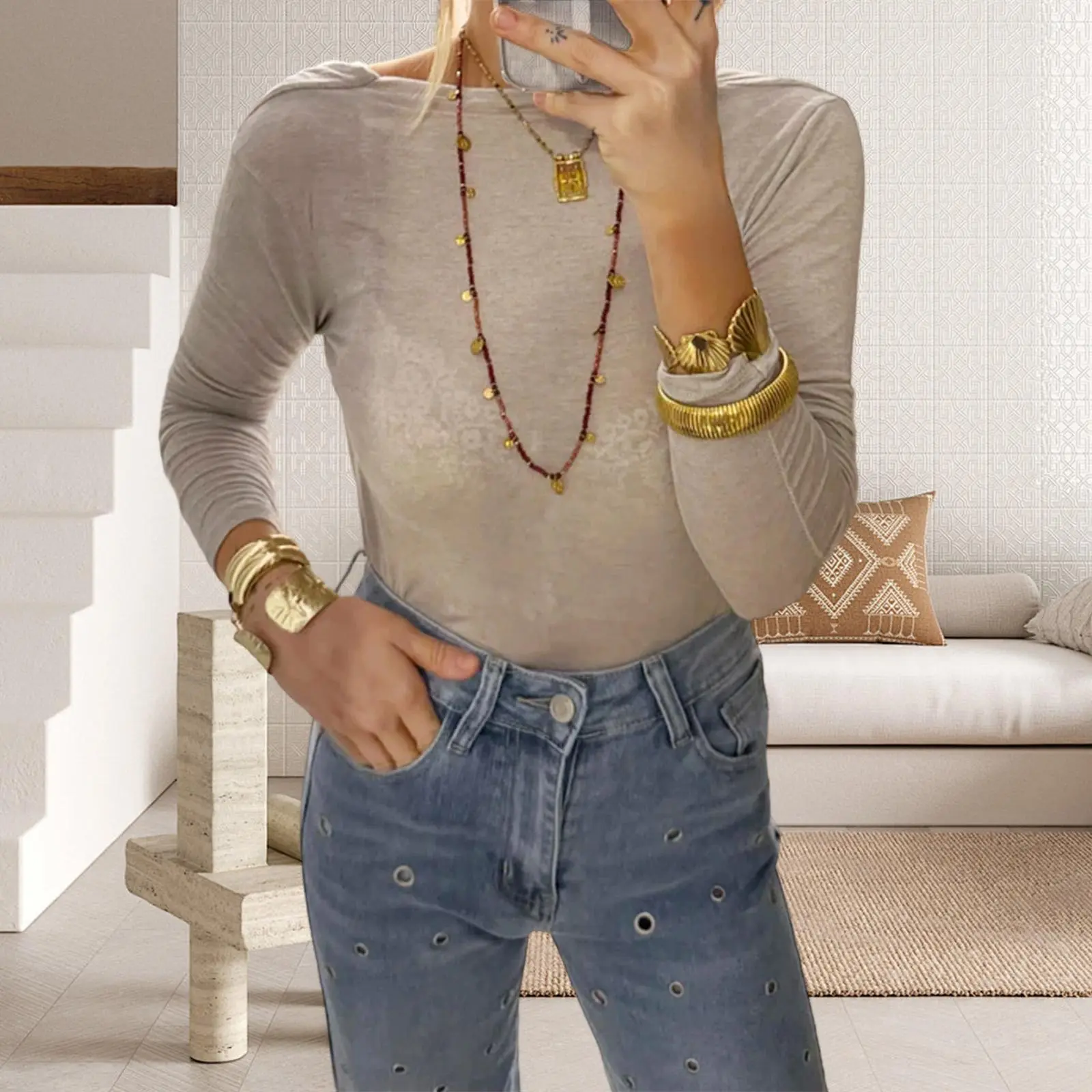 Women's Backless Tops Stylish Solid Boat Neck Long Sleeve Blouse for All Seasons