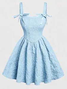 Tween Girl Light Blue Jacquard Cami Dress With Bow Knot | Elegant Summer Party Prom, Floral Formal Occasion
