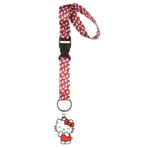 Sanrio Hello Kitty All-Over Print Wrist Strap Lanyard For Keys with 2" Rubber Charm Hand and Wrist Keychain