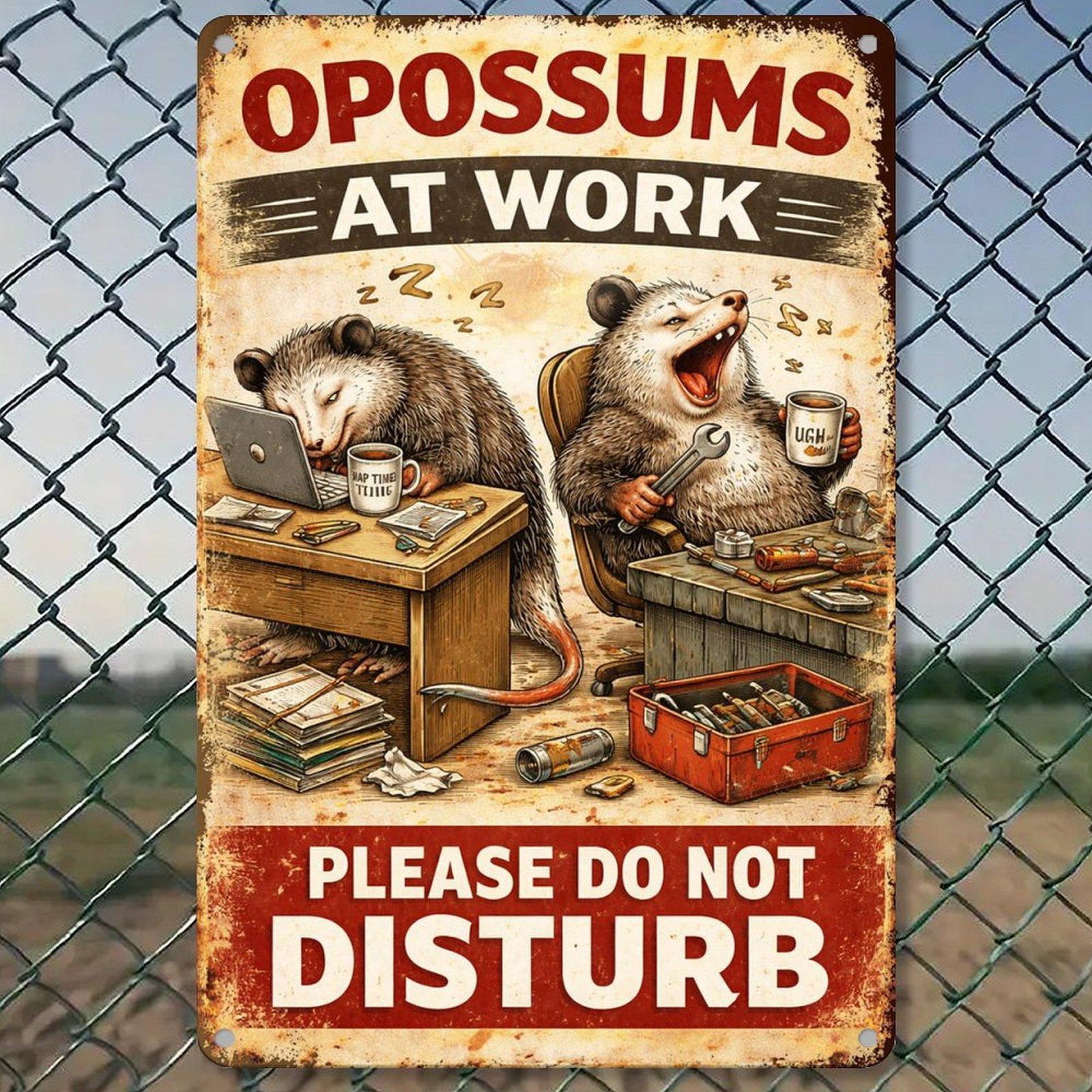 "Opossums At Work Please Do Not Disturb" Funny Vintage Metal Sign, 8x12 Inch Retro Office Wall Decor
