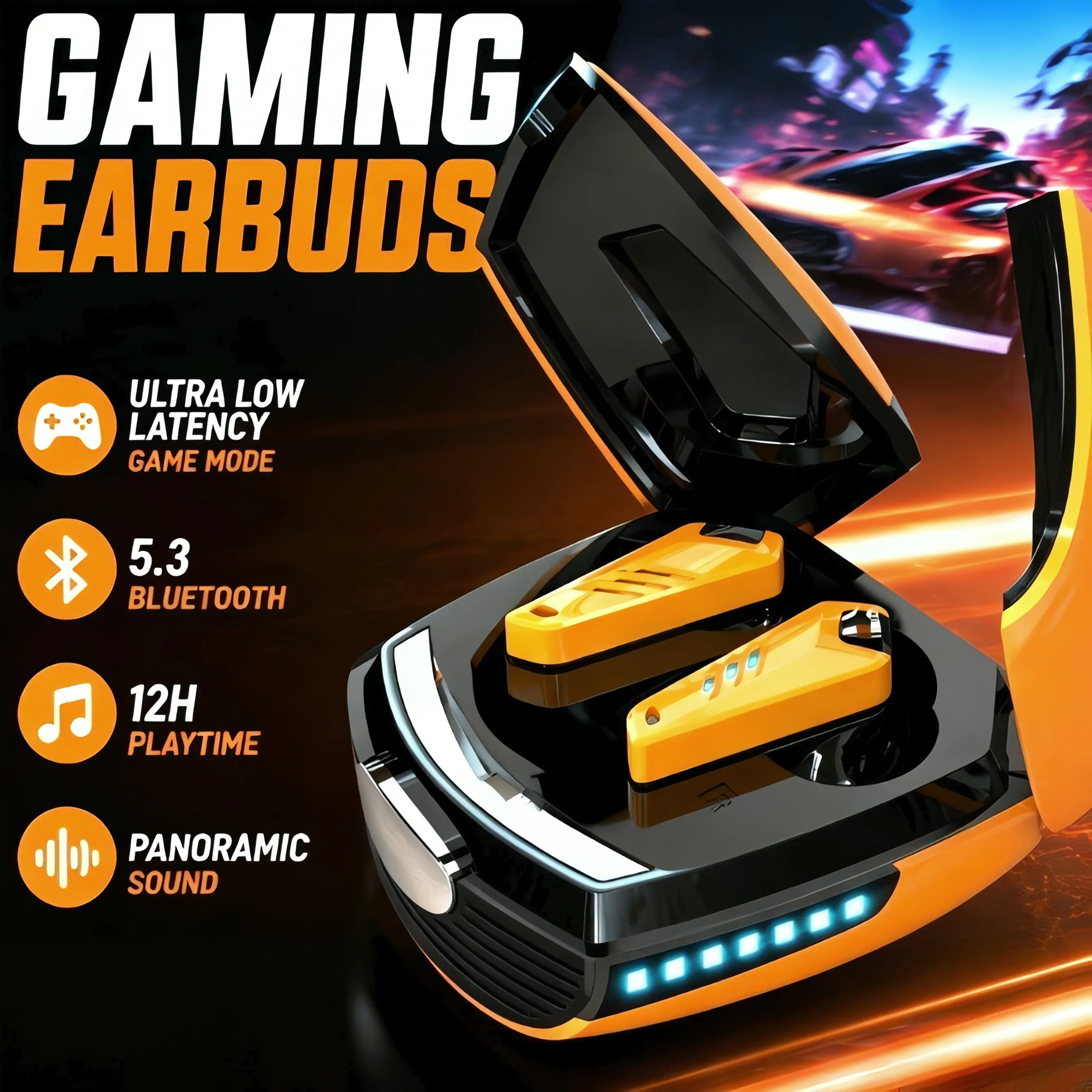 Wireless Gaming Earbuds Ultra Low Latency, 5.3 Bluetooth Sports Car Design Ear Buds with Game Music Dual Mode, 12H Playtime Panoramic Sound for Mobile Gaming hifi heavy bass noise