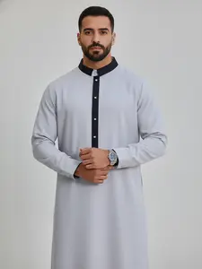 Men’s Grey Thobe - Embroidered Long Sleeve Arab Kaftan, Formal Islamic Robe for Eid, Prayer & Daily Wear