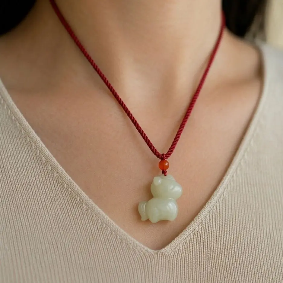 Yuora Jewelry Natural Crystal Jade Pendant Necklace - Red String, Calm Fire Energy, Zodiac Year of Horse, Stainless Steel, Buddha Shape, Diamond Accents, Chinese Symbolism, Daily Casual Wear, Fengshui Protection, Good Luck Birthday Gift for Adults