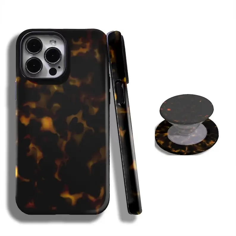 Classic Tortoiseshell Dark Amber MagSafe Tough Case with Matching Phone Grip Set Compatible with iPhone 7 to 18 Pro Max, Magnetic Shockproof Cover