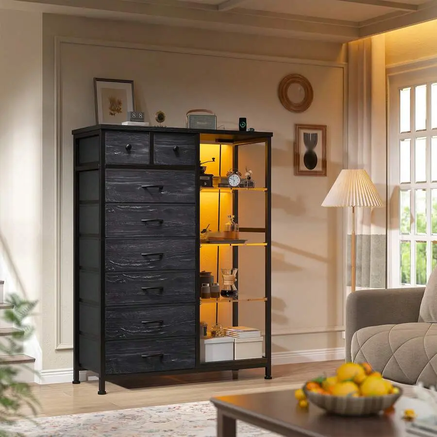Durable Black 8-Drawer Modern Fabric Bedroom Chest of Drawers - Built-In Charging Station, Adjustable Illuminated Acrylic Panels, Customizable LED Lights, Easy Setup Indoor Storage Cabinet & Decor Piece