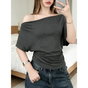 Aesthetic One Shoulder Knit Top for Women Snatched Asymmetrical Summer Shirt Flattering Batwing Sleeve Effortless Chic Tee