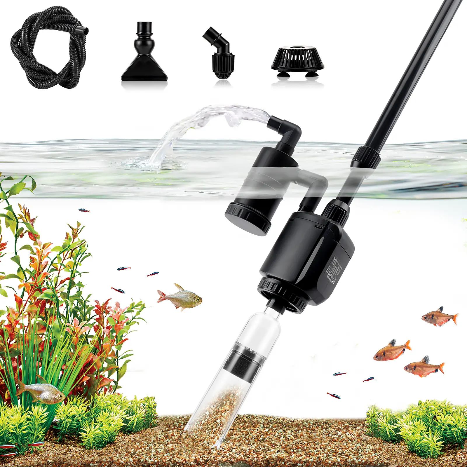 AQQA Electric Aquarium Gravel Cleaner, 6 in 1 Automatic Fish Tank Cleaning Tools Gravel Vacuum for Aquarium, Suitable for Change Water Wash Sand Water Filter and Water Circulation (320GPH, 20W) — Not suitable for fine sand (risk of clogging)