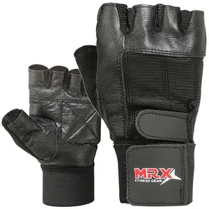 MRX BOXING & FITNESS Men's Weight Lifting Gloves Genuine Leather Black Breathable Comfortable Sport Hand Protector with Long Wrist Strap for Adults Summer Training