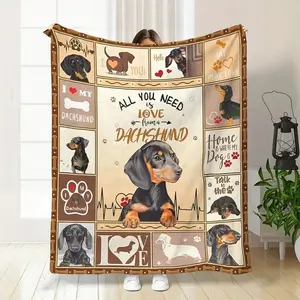 High-Quality Contemporary Soft Polyester Dachshund Print Flannel Tow Blanket - All-Season Cozy Skin-Friendly Multipurpose Animal Theme Bedding with hine Washable Care Instructions