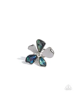 Heroic Tale - Blue Abalone Shell and Silver Petals Flower Stretchy Ring